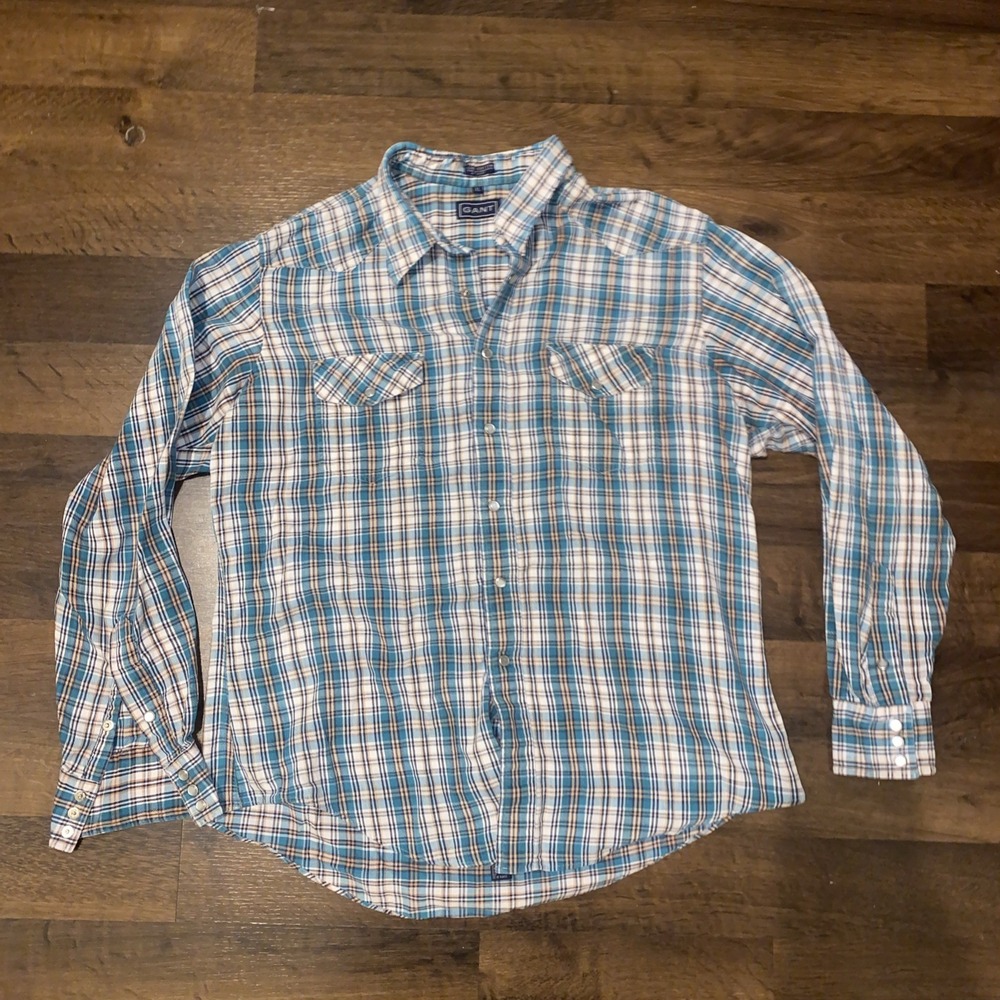 GANT WESTERN PLAID UNION 205 Mens Brown PEARL SNAP button down Shirt XL Workcore